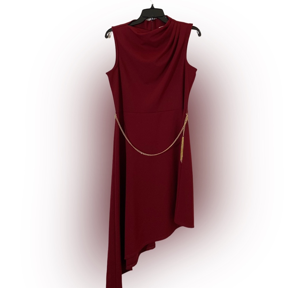 Neiman Marcus Maroon Sleeveless Tassel Chain Embellished Hi Low Midi Dress